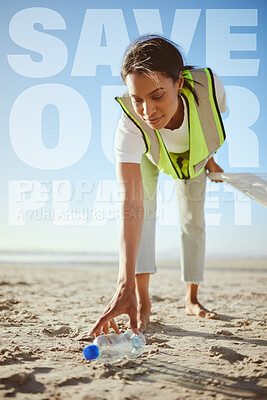 Buy stock photo Woman, recycle and plastic to save our planet, eco friendly or clean environment working on the sandy beach. Happy female volunteering worker cleaning the ocean coast by picking up bottle on the sand