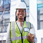 Architecture, project management and portrait of black woman at construction site for civil engineering, designer and building inspection. Industrial, vision and goal with construction worker 
