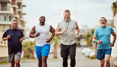 Buy stock photo Fitness, running and teamwork with senior friends in city for stamina, cardio or endurance training. Sport, jogging and goal with group of men runner sprinting in town for workout, exercise or health
