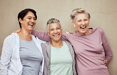 Buy stock photo Senior women, group and laughing for fitness, workout or happiness of healthy lifestyle together. Mature female friends relax after training, wellness and funny retirement exercise on wall background