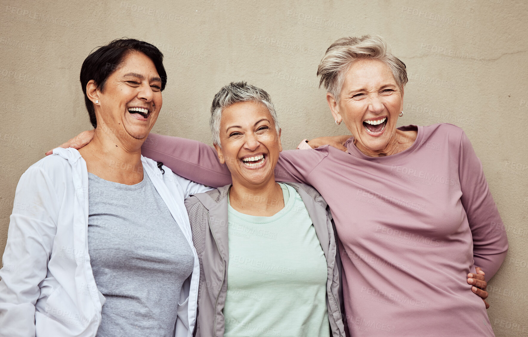 Buy stock photo Senior women, group and laughing for fitness, workout or happiness of healthy lifestyle together. Mature female friends relax after training, wellness and funny retirement exercise on wall background