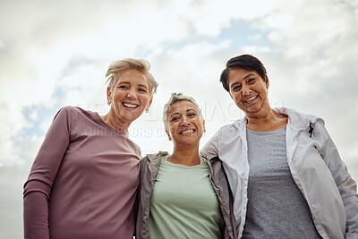 Buy stock photo Senior women, portrait and exercise group for fitness, workout or team on mockup sky background. Low angle, elderly female face and sports friends in support of wellness, healthy retirement and smile