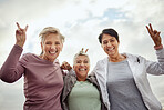Senior, friends and portrait of women after workout posing for picture excited by exercise or fitness training. Peace sign, gesture and old people happy and laughing in support of wellness
