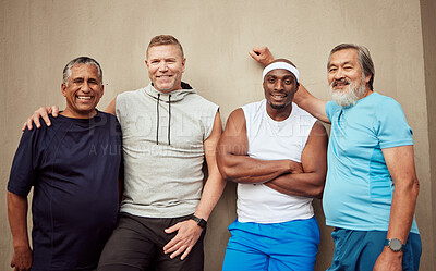 Buy stock photo Happy men, portrait and sports group on wall background in outdoor city. Smile, fitness and mature male friends with motivation for workout, wellness support and exercise energy for healthy lifestyle