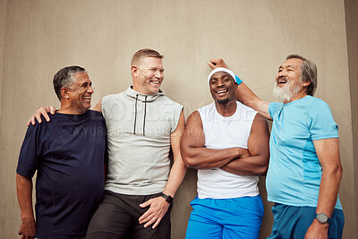 Buy stock photo Happy men, exercise group and laughing in city on wall background outdoors. Smile, fitness and mature male friends with happiness for workout, wellness support and sports energy for healthy lifestyle