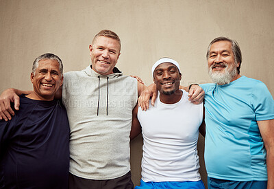 Buy stock photo Happy men, exercise group and portrait in city on wall background outdoor. Smile, fitness and mature male friends with happiness for workout, community wellness or support of healthy sports diversity