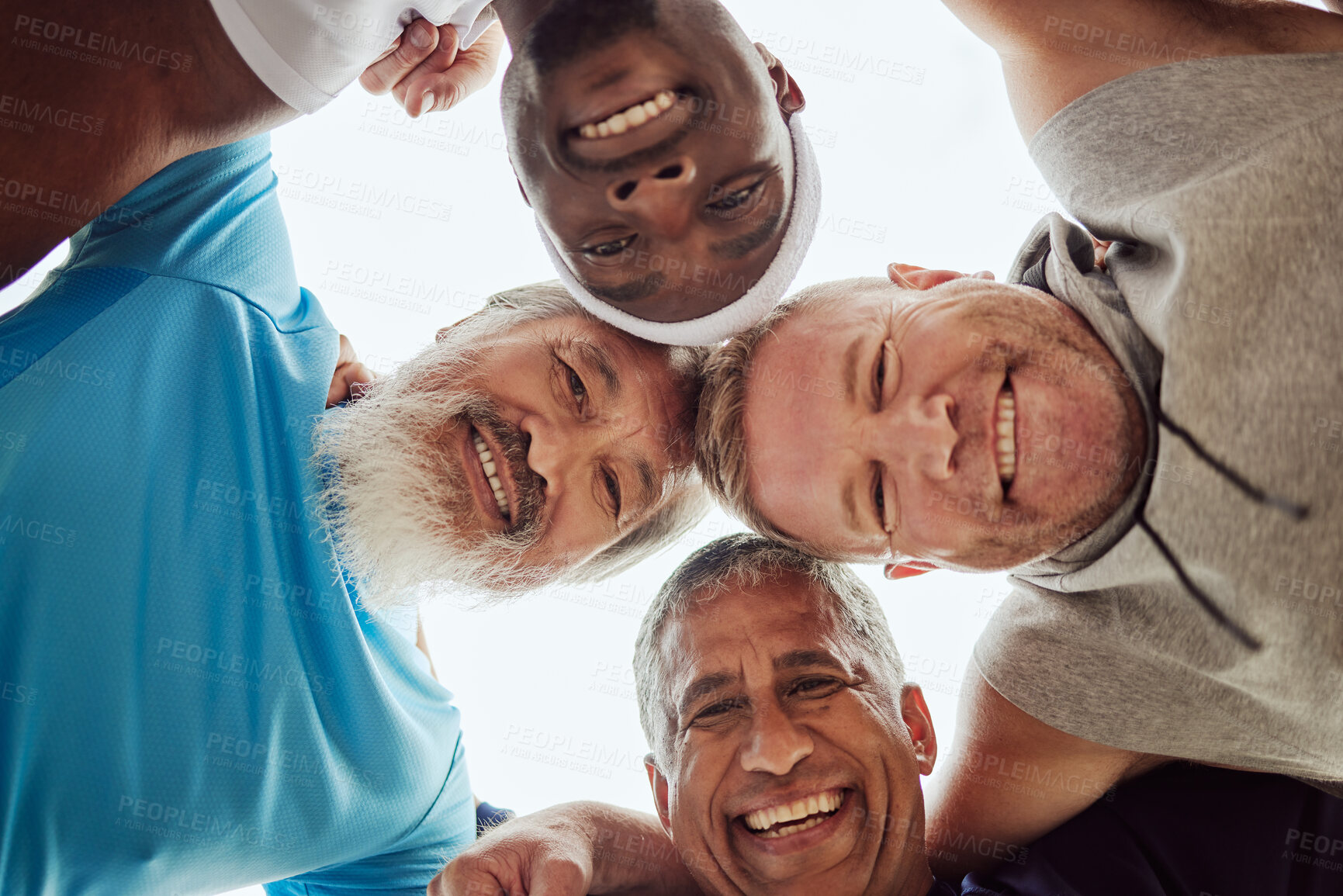 Buy stock photo Motivation, senior or friends with fitness goals, support or hope in huddle bonding in training, exercise or workout. Low angle, partnership or healthy group of elderly or happy sports men portrait 