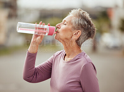 Buy stock photo Fitness, runner or senior woman drinking water with sports goals resting or relaxing on break. Healthy, tired or thirsty elderly lady drinks natural liquid in cardio workout, training or exercise