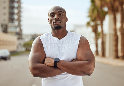 Buy stock photo Portrait, fitness or black man ready to start running exercise, workout or sports exercise in city of Miami. Face, personal trainer or healthy African athlete thinking of vision, mission or goals