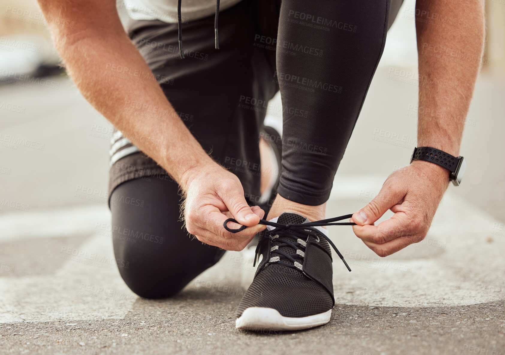 Buy stock photo Training, fitness or hands tie shoes to start cardio workout or sports exercise on ground or city road. Legs, runner or healthy sports man with running shoes or footwear laces ready for body goals 