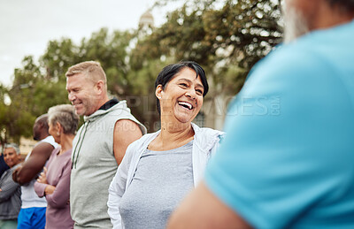 Buy stock photo Talking, fitness or happy senior friends bonding or laughing for team building or training support. Runners community or healthy mature people with body goals after running exercise or cardio workout