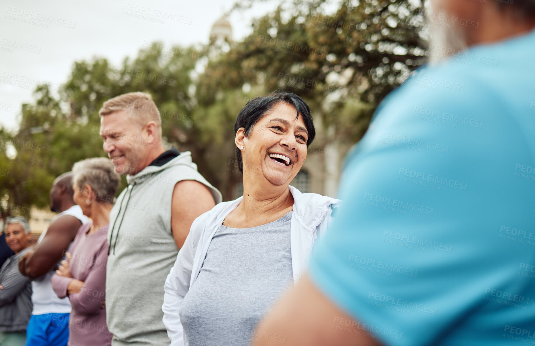 Buy stock photo Talking, fitness or happy senior friends bonding or laughing for team building or training support. Runners community or healthy mature people with body goals after running exercise or cardio workout