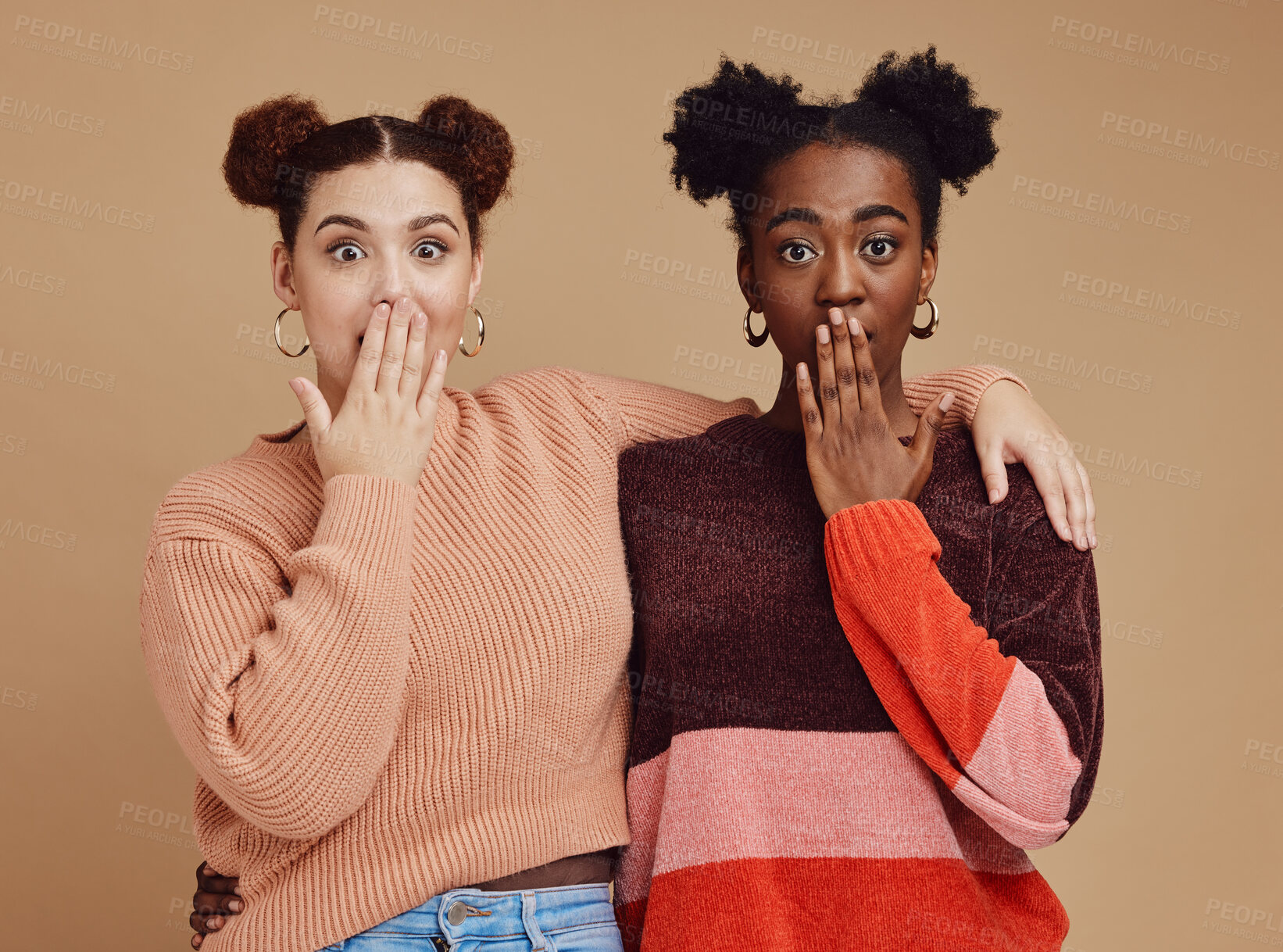 Buy stock photo Surprise, portrait and girl friends with wow face of young women with secret and brown studio background. Gen z student surprised chat together with whisper and excited discussion with shock story