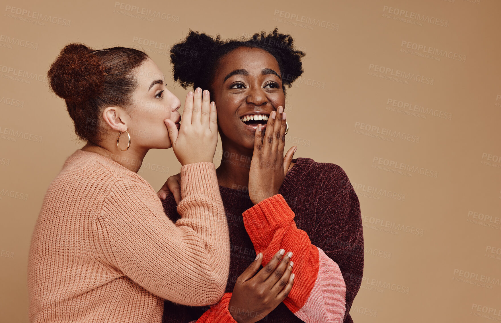 Buy stock photo Friends, gossip and black woman laughing at secret on studio background and product placement mockup. Secrets, rumor and surprise whisper in ear, happy women smile discuss discount sale announcement