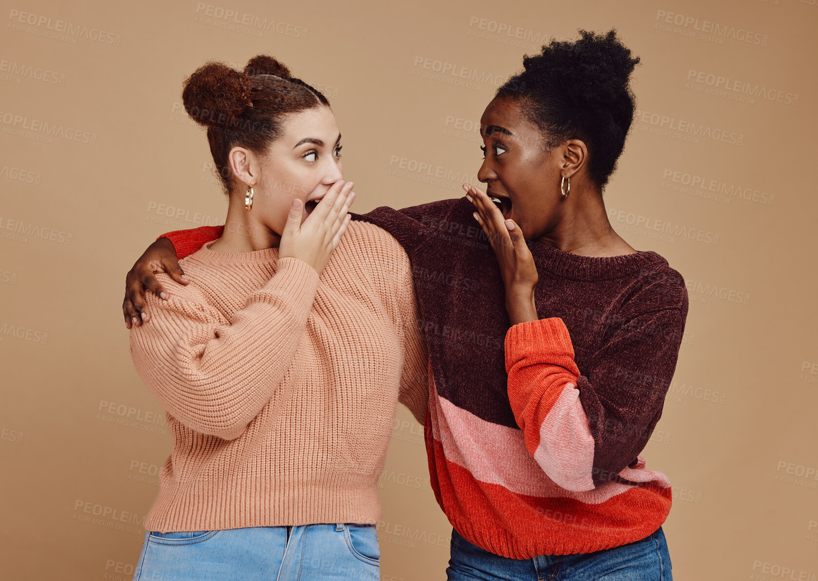 Buy stock photo Gossip, friends and surprise face of young women with a secret and brown studio background. Wow, student surprised and girl chat together with whisper and excited discussion with shock from story