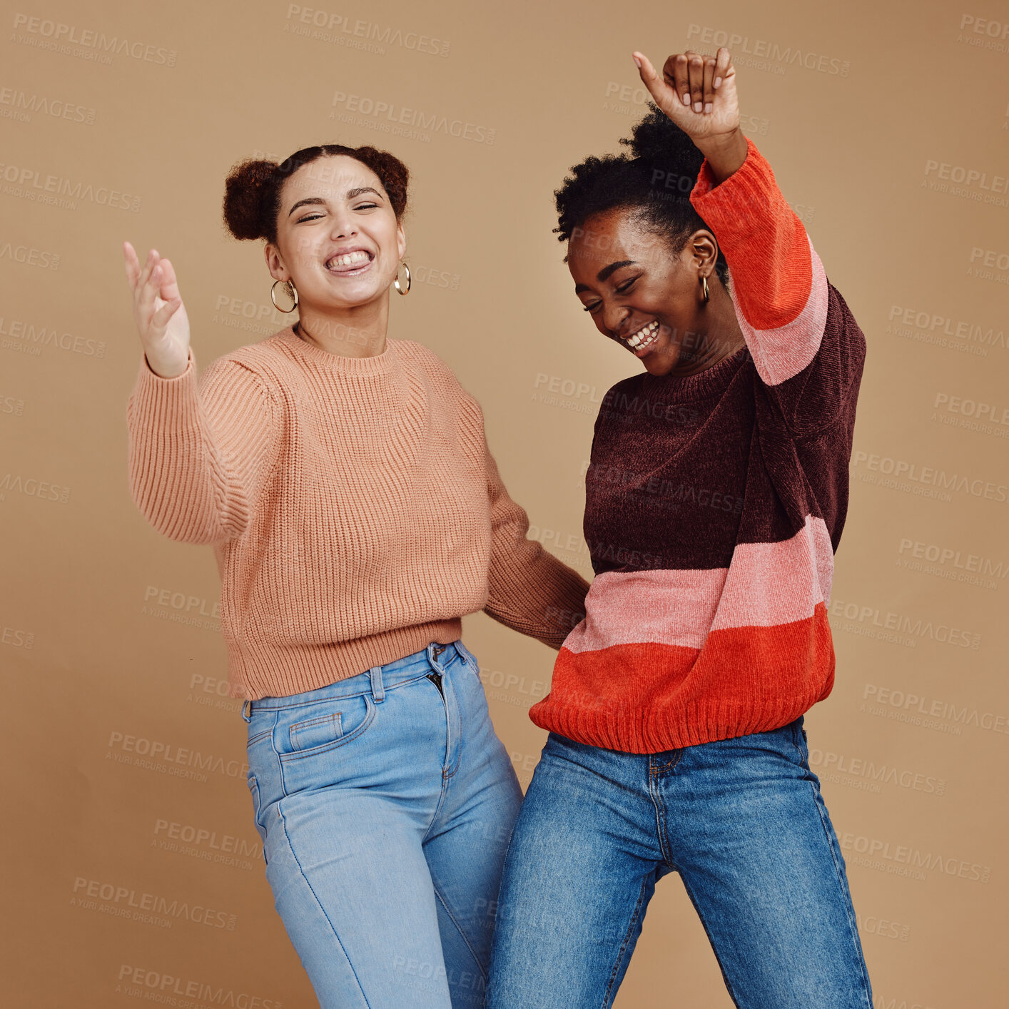 Buy stock photo Happy, teenager and girl with dance and friends, young and trendy with gen z style, fun and freedom against studio background. Laughing, funny and dancing with stylish youth, energy and marketing