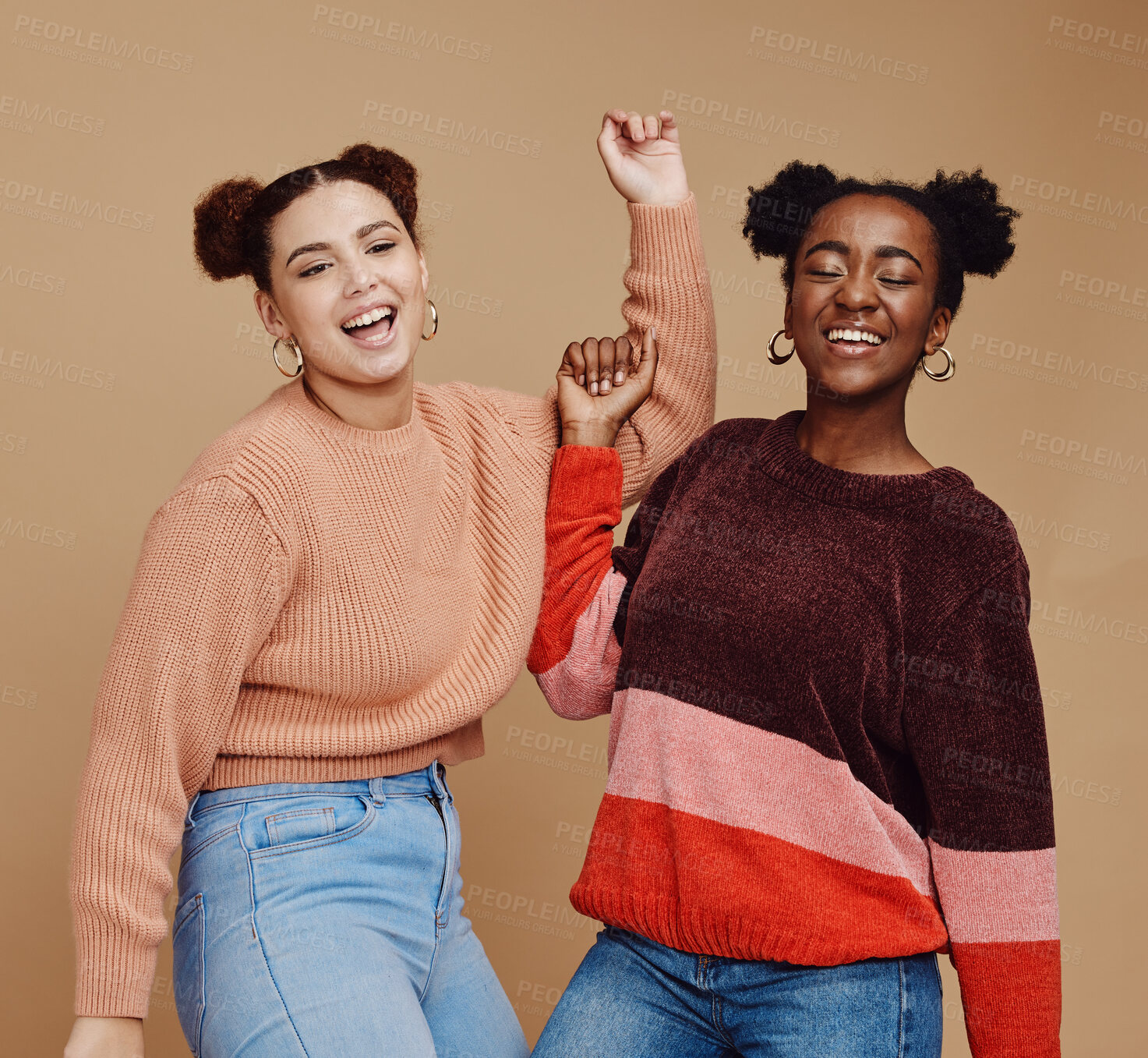 Buy stock photo Fashion, friends and dance with girl teenager, young and trendy gen z style, fun and freedom against studio background. Laugh, funny and dancing with stylish youth, happy with energy and marketing