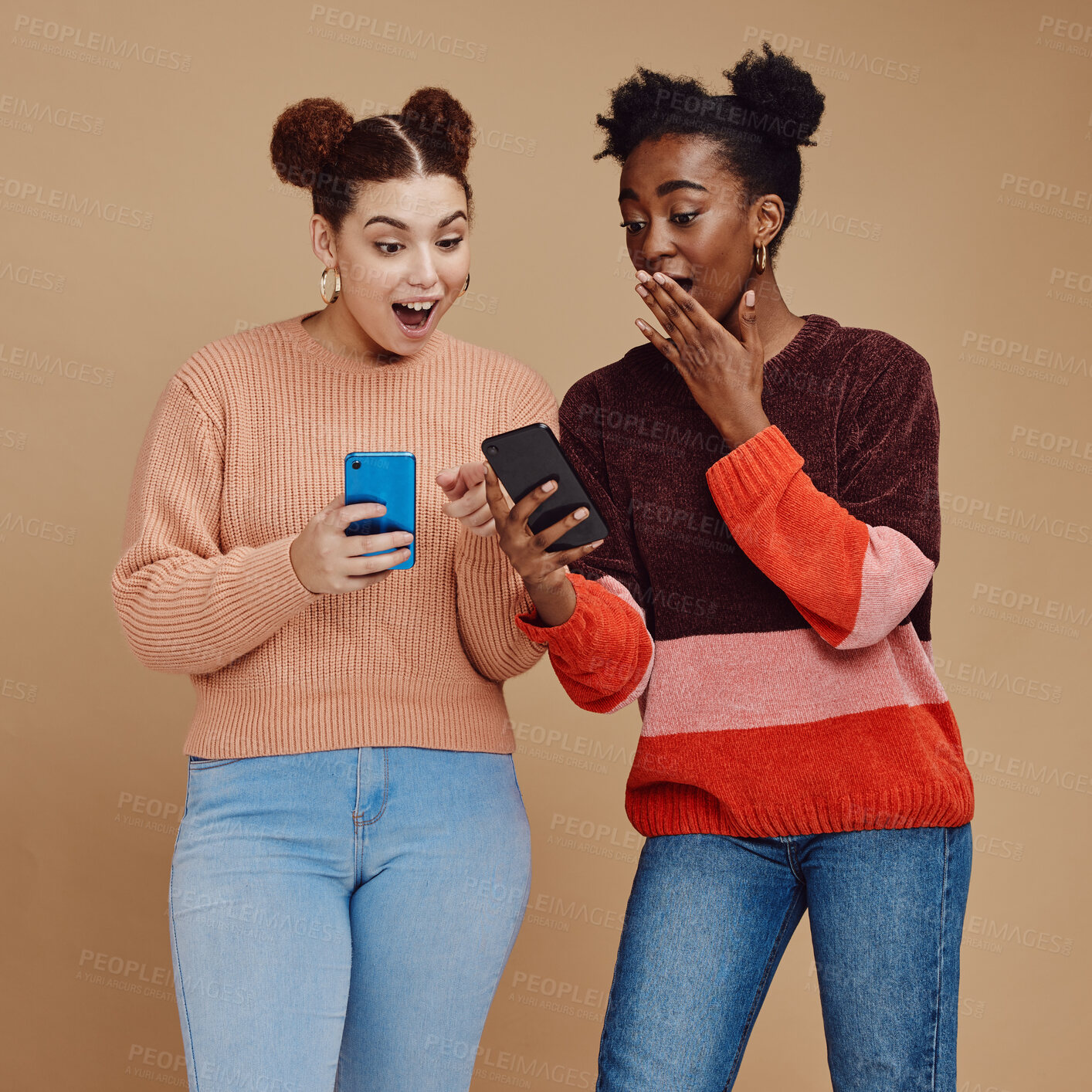 Buy stock photo News, wow and shocked people isolated on studio background for social media, gossip or trendy online sale. Smartphone, surprise notification and gen z friends, black woman reading announcement mockup