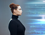 Woman, binary and cyberspace with a vision for future data, information or innovation in double exposure. Female cyberpunk in futuristic metaverse, holographic or cyber security and digital AI mockup