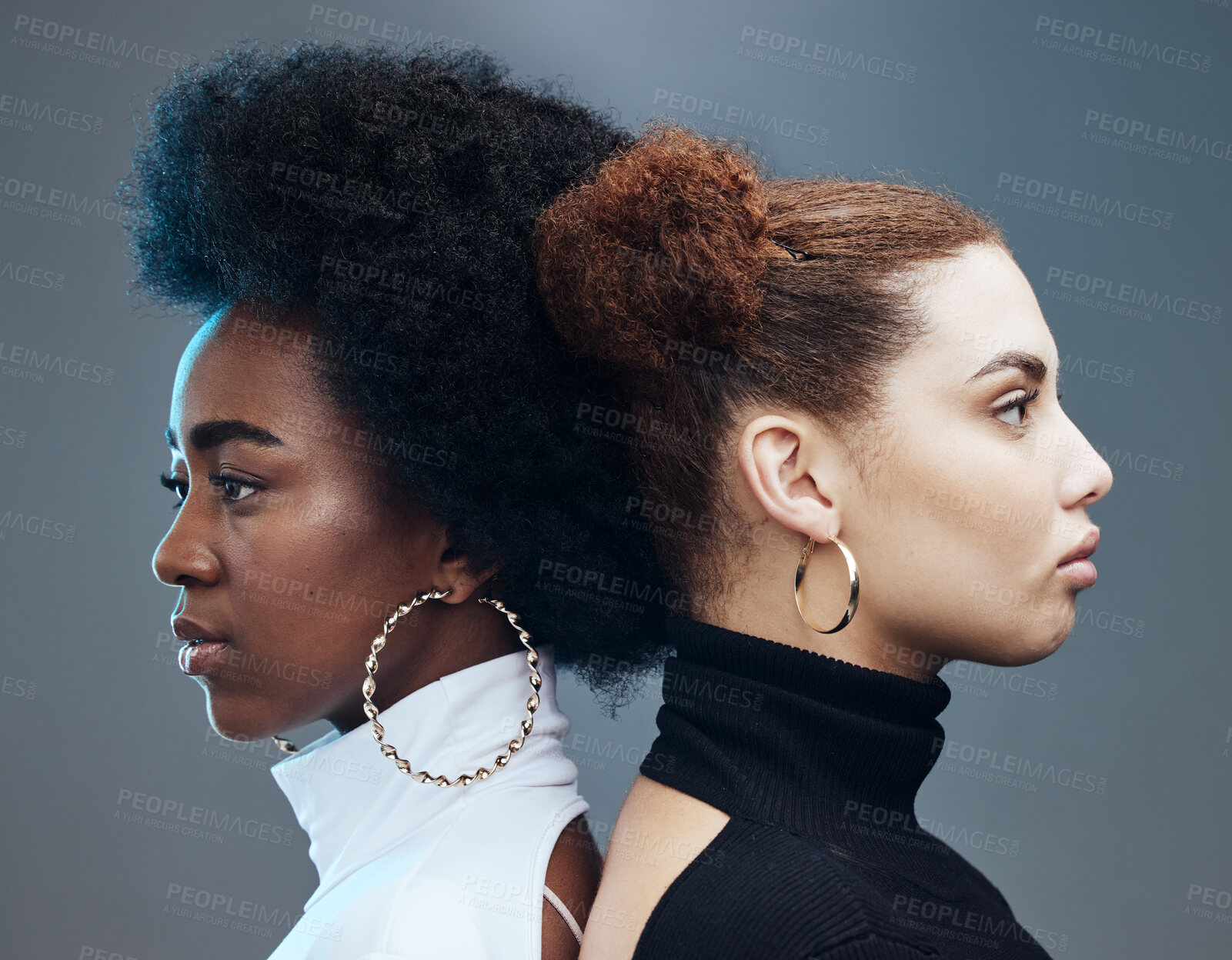 Buy stock photo Fashion, hair care and women with futuristic diversity, cyberpunk aesthetic and isolated on a studio background. Future, creative and models modeling for a designer brand with a vision on a backdrop