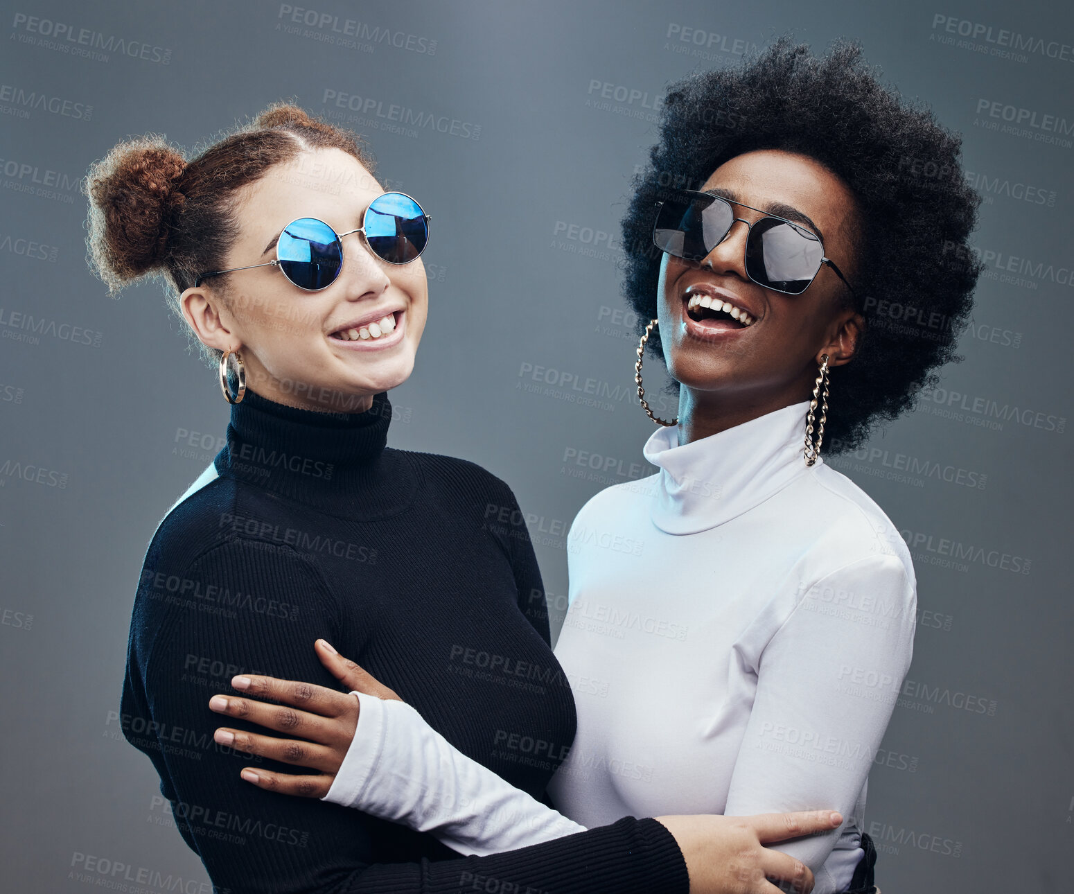 Buy stock photo Fashion, futuristic and women smile in sunglasses, cyberpunk and trendy designer brand with gen z youth. Marketing, diversity and contemporary style with vision and edgy against studio background