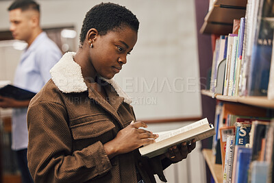 Buy stock photo Education, book or black woman reading in library at university, college or school learning or studying. Research, scholarship or gen z African girl focused on knowledge growth or student development