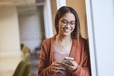 Buy stock photo Face, student and woman with phone in classroom for knowledge research or social media. Cellphone, university and happy female from Brazil with mobile smartphone for learning, studying and education.