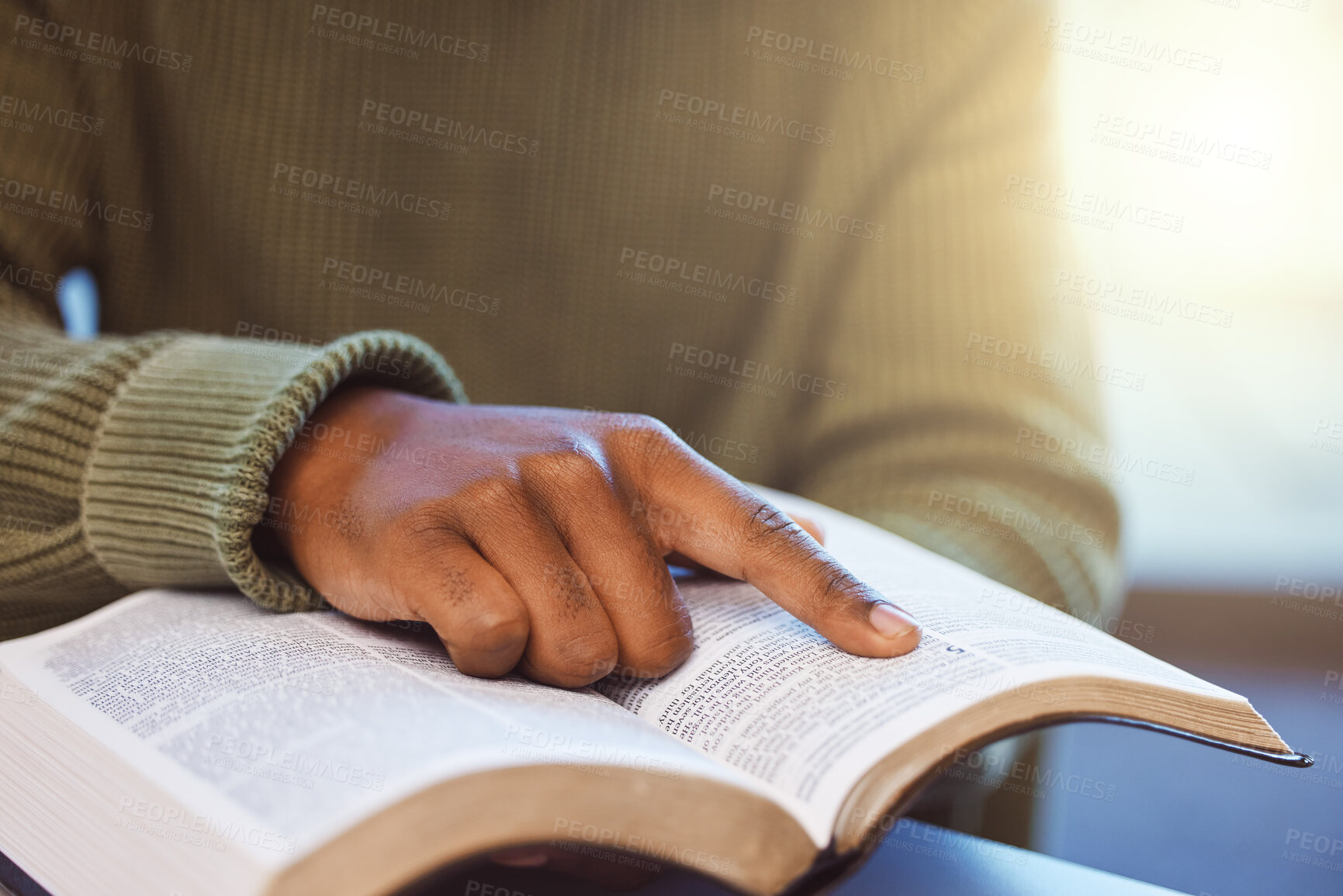 Buy stock photo Hands, black man and reading books for knowledge, library and college education exam. Closeup finger on paper textbook for learning, studying and story for research project, analysis and information 