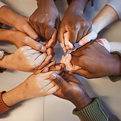 Holding hands, top view and group prayer of people with hope, support ...