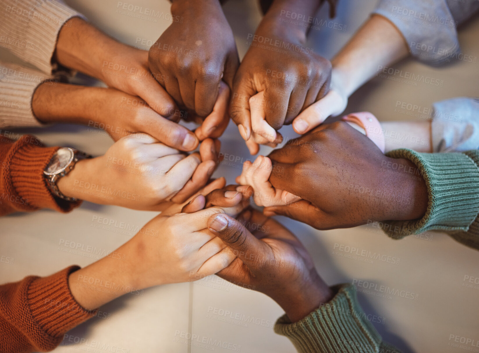 Buy stock photo Holding hands, top view and group prayer of people with hope, support or faith, religion or spiritual praise. Community, teamwork and Christian friends, men and women praying together to worship God.