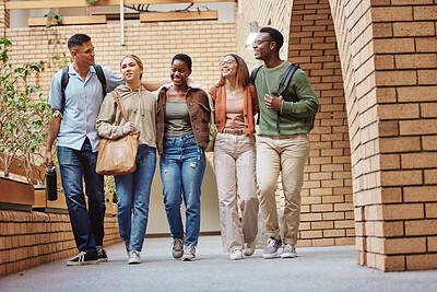 Buy stock photo Walking men, women and people on university, school or college campus to education, diversity learning and study class. Smile, happy and talking students in community support, group trust and bonding