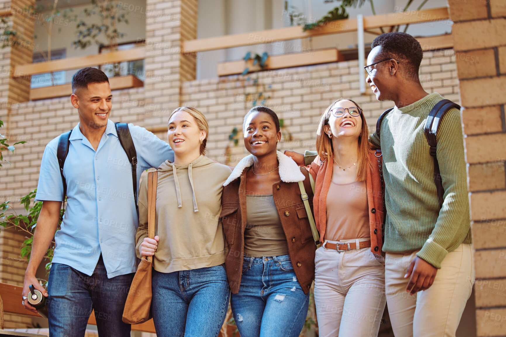 Buy stock photo Men, bonding women or walking on university, school or college campus for education, learning or studying class. Smile, happy friends or students diversity group on morning commute routine to academy