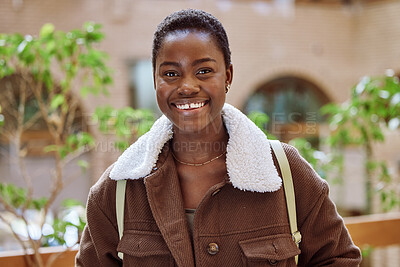 Buy stock photo Happy, portrait and black woman student at college standing in an outdoor garden in South Africa. Happiness, excited and African female with positive mindset at university with education scholarship.
