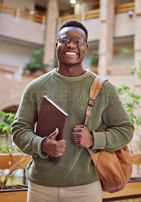 Buy stock photo Campus, student and portrait of black man at college building, academy and school for education in Atlanta. Happy university student studying with motivation for knowledge, learning or future success