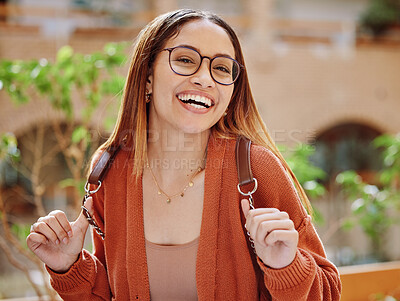 Buy stock photo Happy, woman and student with education and portrait university and backpack, scholarship and outdoor with learning and study. College student, freedom and academic growth, glasses and geek outdoor