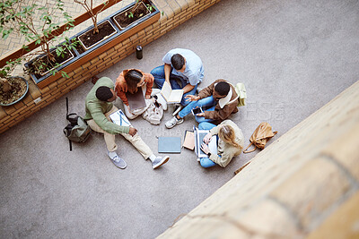 Buy stock photo University, group collaboration and students working on research, college project or education study. Knowledge learning, teamwork meeting and top view of diversity people coworking on school floor