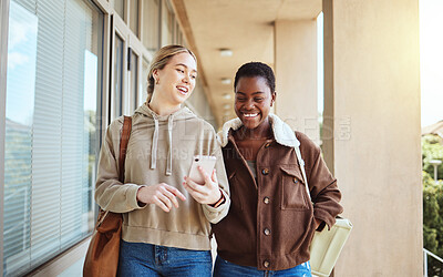 Buy stock photo Smartphone, university and students walking with education, college or study website and campus networking. Social media, communication and diversity friends reading phone, schedule or school results