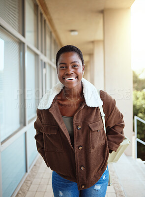 Buy stock photo Black woman, student and portrait smile for university, education or vision for development at the campus. Happy African American woman smiling for college, scholarship or higher education outside
