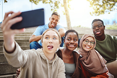 Buy stock photo Students, funny faces or phone selfie on university steps, college campus or school bleachers for social media. Smile, happy or diversity friends on mobile photography technology for profile picture