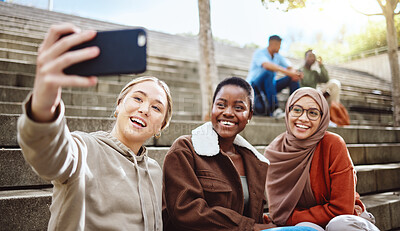 Buy stock photo Women, diversity or phone selfie on university stairs, school steps or college campus bleachers for social media or profile picture. Smile, happy or bonding students on mobile photography technology