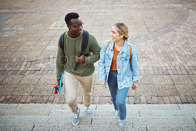 Buy stock photo University, students and friends with education and campus, study and discussion, walk and talk together with learning. Scholarship, college and studying, communication with black man and woman