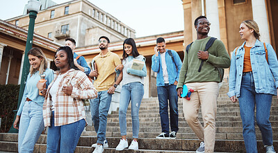 Buy stock photo Students, diversity or walking on university steps, college campus or school stairs in morning class commute. Talking men, bonding women or education friends with learning goals in global scholarship