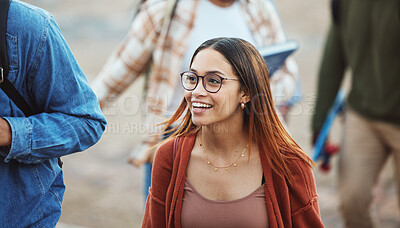 Buy stock photo Happy woman, students and walking on university, college campus or school in morning class commute, study break or rest. Smile, people or bonding friends and education learning or scholarship goals
