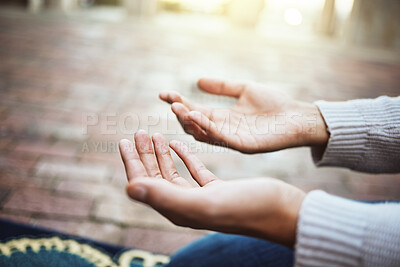 Buy stock photo Hands, praying and religion with a man muslim prayer to God in faith or devotion in islamic worship during eid or ramadan. Islam, trust or mosque with an arabic male in a temple to pray while fasting