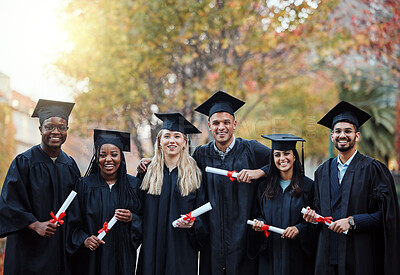 Buy stock photo Success, graduation and portrait of friends with a diploma for education, future and college achievement in Australia. Happy, motivation and group of students with certificate from university