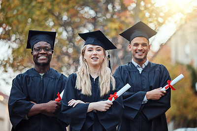 Buy stock photo Education, arms crossed and portrait of friends at a graduation for future success, school certificate and college motivation in Canada. Graduate, happy and students with a diploma from university