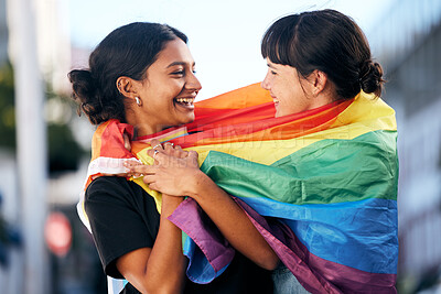 Buy stock photo Lgbtq, happy women and flag for pride, equality and protest of love, support and care in city. Gay, lesbian and couple of friends with rainbow identity, gen z festival and human rights freedom event 
