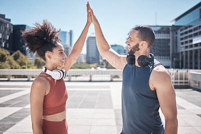 Buy stock photo Fitness high five, success and couple in the city, cardio training and motivation for workout. Support, achievement and runner man and woman excited about exercise, goal and target in France