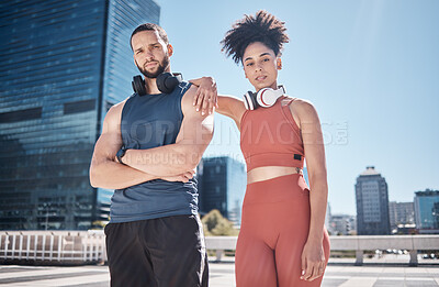 Buy stock photo Couple, city portrait and fitness with headphones for music, motivation or outdoor urban workout. Exercise team, black couple and support for health, wellness or training for summer in Cape Town