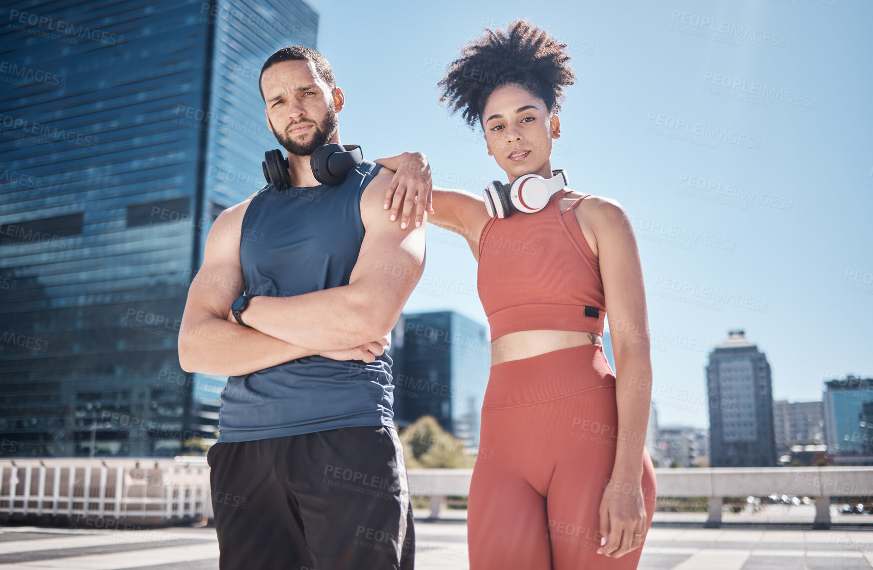 Buy stock photo Couple, city portrait and fitness with headphones for music, motivation or outdoor urban workout. Exercise team, black couple and support for health, wellness or training for summer in Cape Town